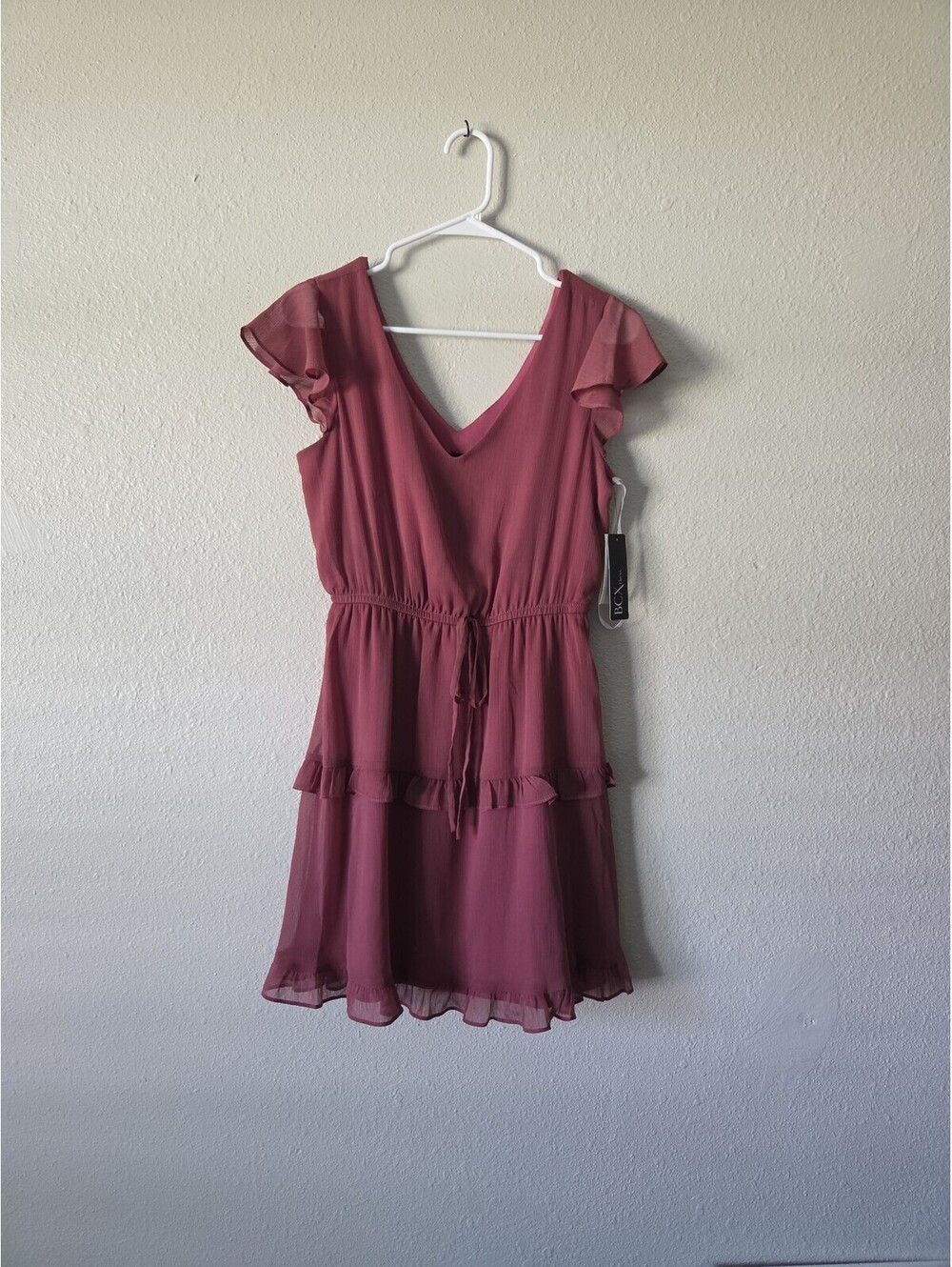 Women's Ruffle Sleeve V-Neck Tie Waist Mini Dress